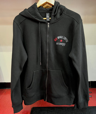 Red Whale Coffee DETERMINED zip up Hooded Sweatshirt BLACK